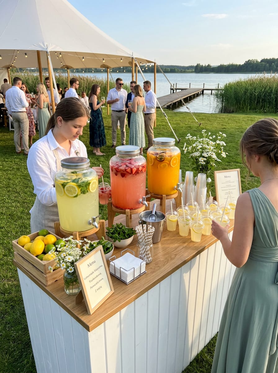 Bar z lemoniadami na weselu nad jeziorem