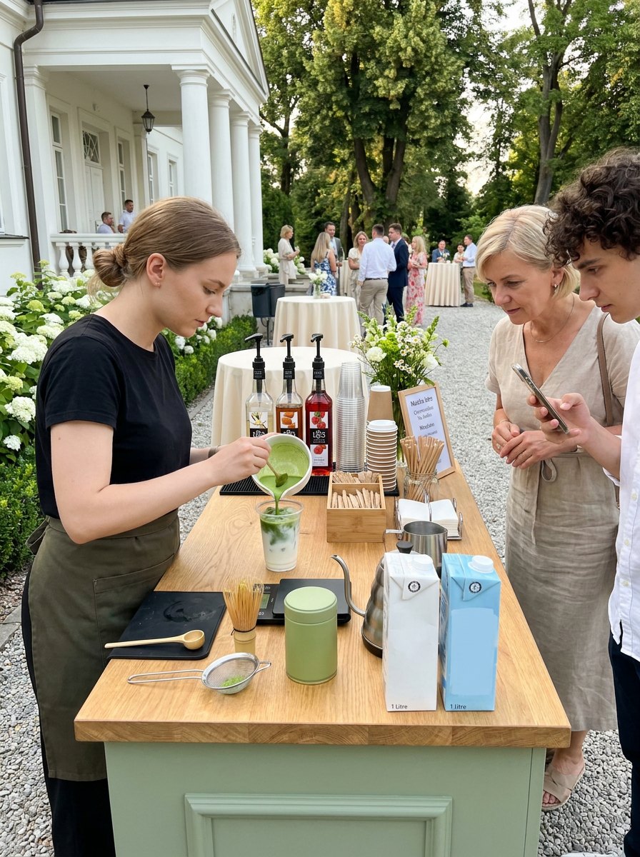 Barista przelewa matchę do mrożonej latte na przyjęciu w ogrodzie dworku