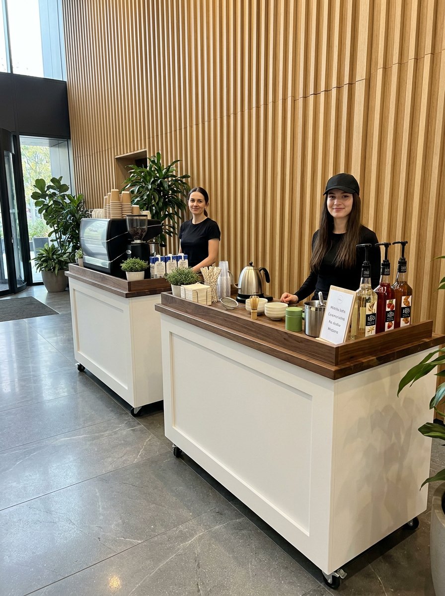 Matcha bar i bar kawowy w lobby biurowca przed eventem firmowym