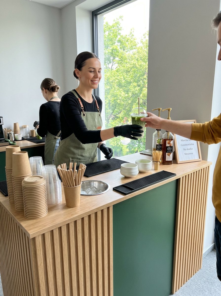 Barista podaje mrożoną matchę latte na dniu wellbeing w biurze
